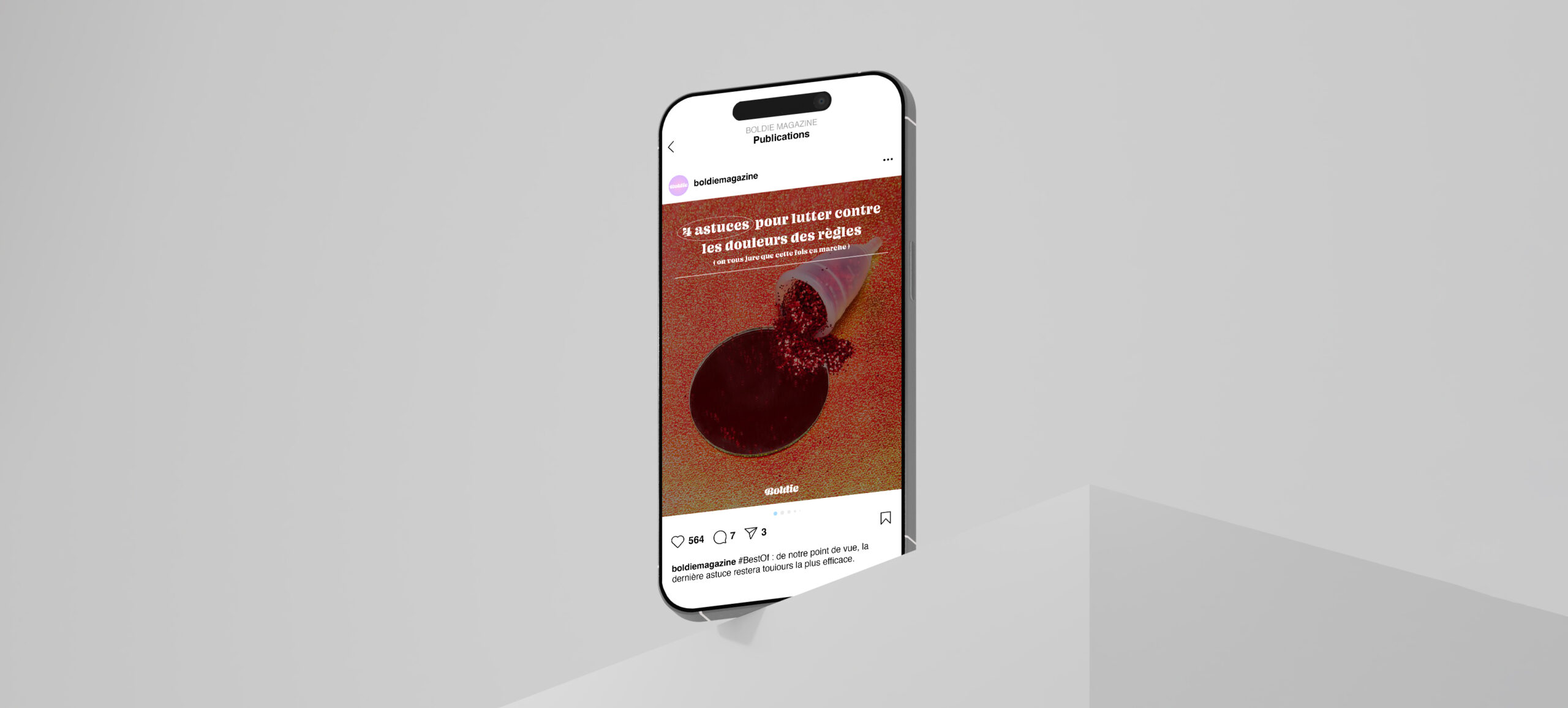 Projet Tapage & Boldie : post instagram du média Boldie qui présente "4 astices pour lutter contre les douleurs de règles"