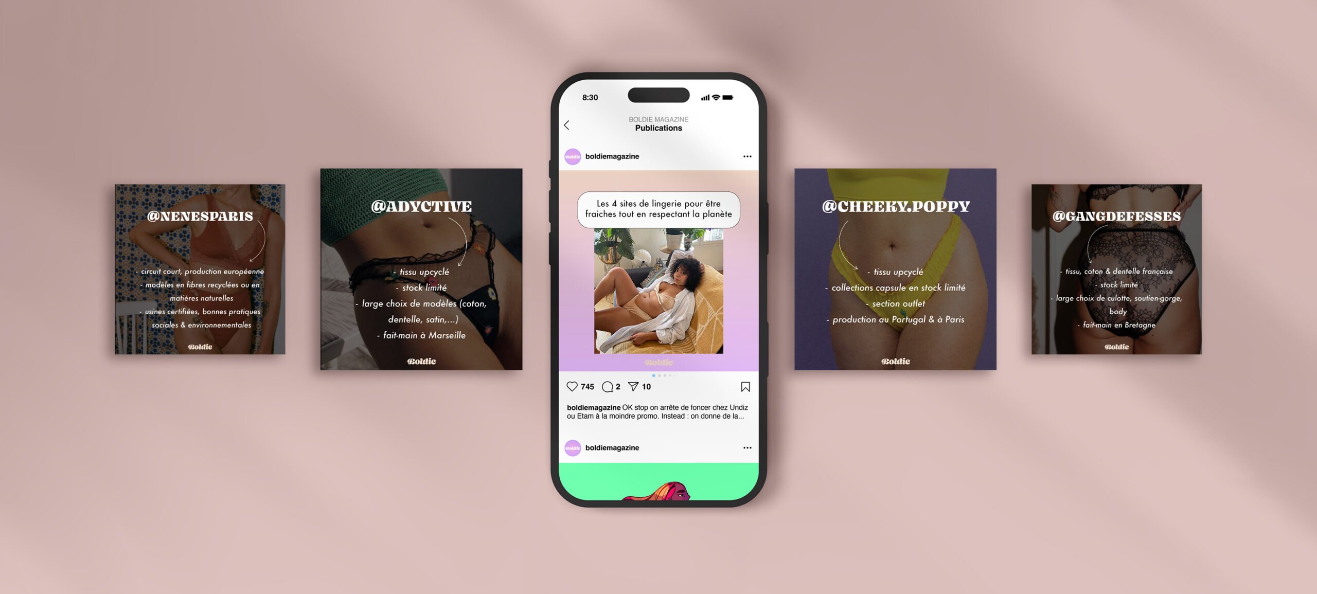 Projet Tapage & Boldie : un carrousel instagram pour le compte de Boldie qui présente des marques de lingerie éco-responsable (Cheeky poppy, Gang de fesses, adyctive, nénés paris)