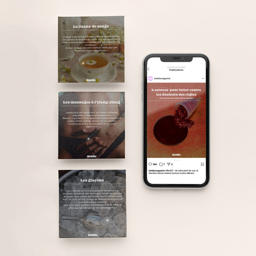 Projet Tapage & Boldie : carrousel de post pour le compte instagram Boldie, qui présente des asctices contre les douleurs de règle