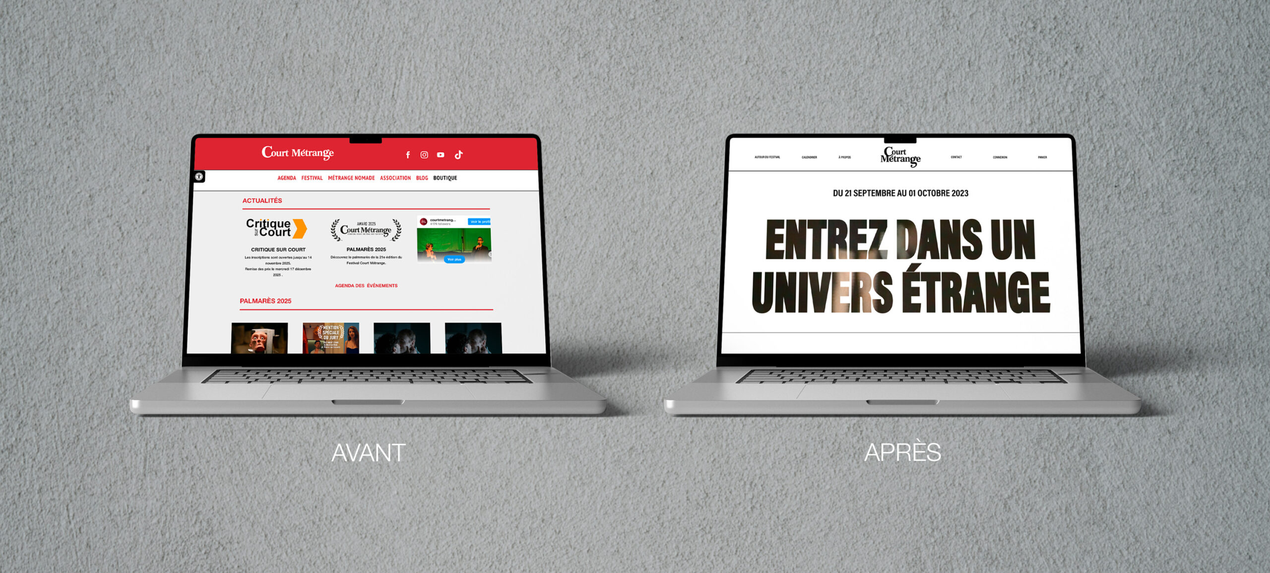 Projet Court Métrange : deux ordinateur côte à côte, l'un sur le site actuel et l'autre sur le site réalisé pour le projet