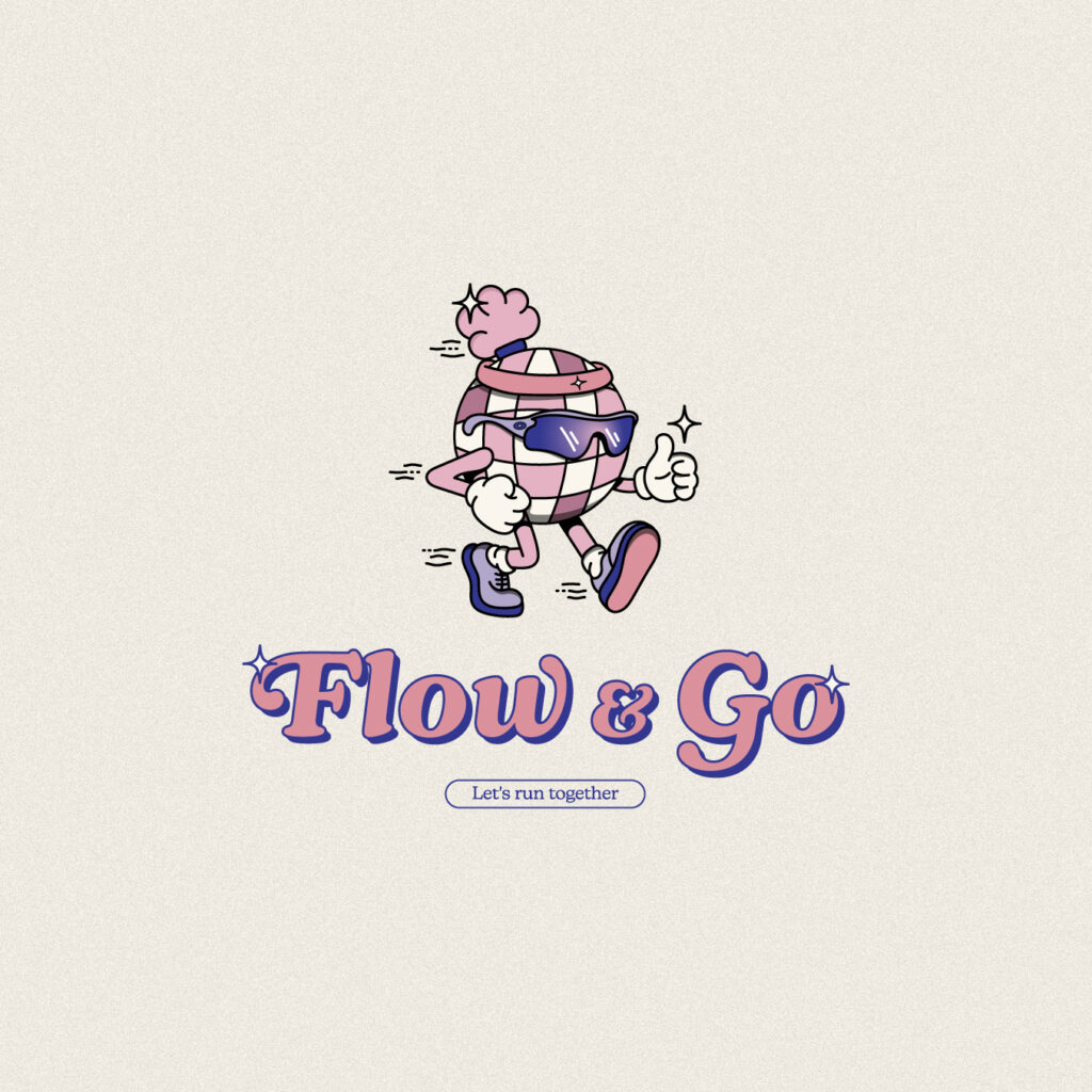 logo complet Flow & Go, avec mascotte vintage en forme de boule disco qui porte des lunettes et des chaussures de running