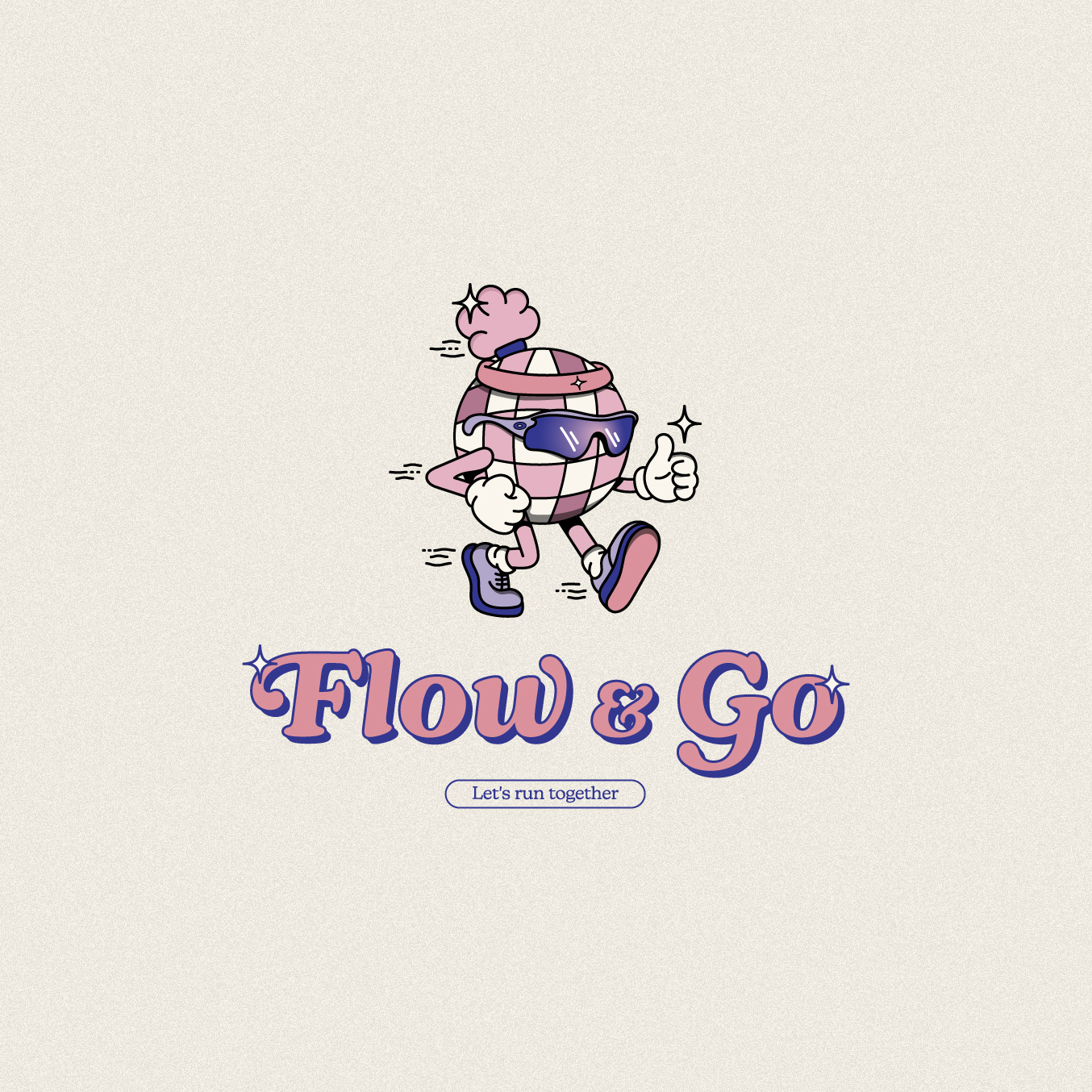 Projet Flow & go : logo complet, avec mascotte vintage en forme de boule disco qui porte des lunettes et des chaussures de running