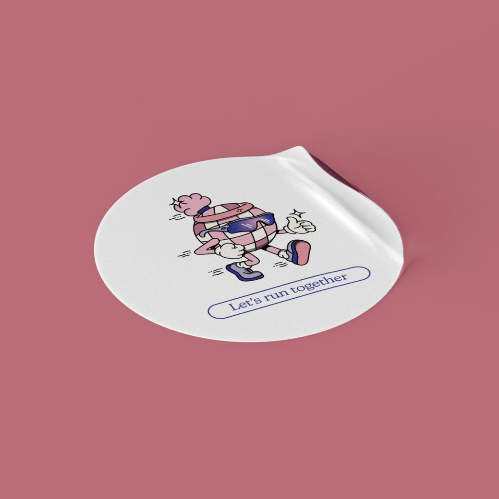 Projet Flow & go : stickers avec la mascotte vintage en forme de boule disco qui porte des lunettes et des chaussures de running, et le slogan "let's run together"