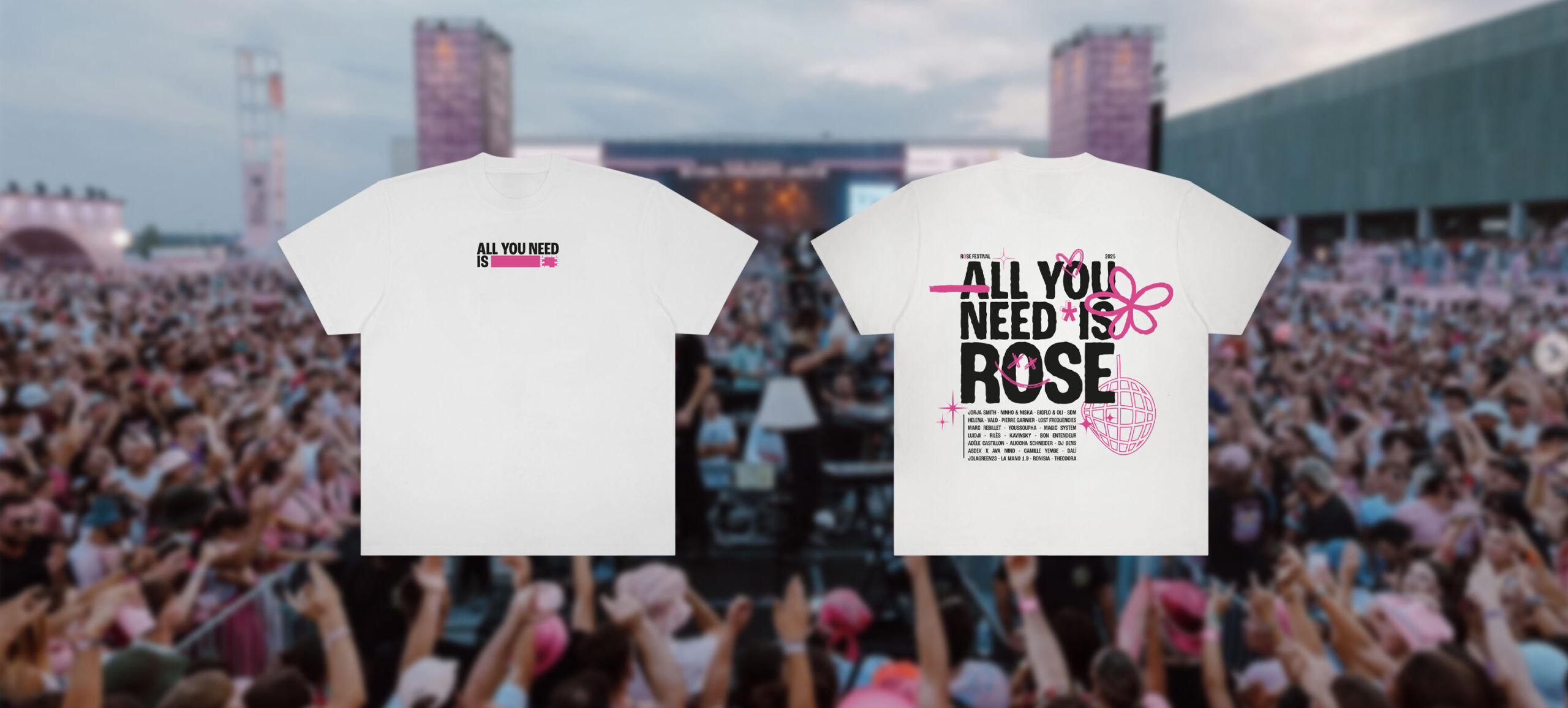 Projet Rose festival : tee-shirt recto-verso avec le design proposé pour le festival