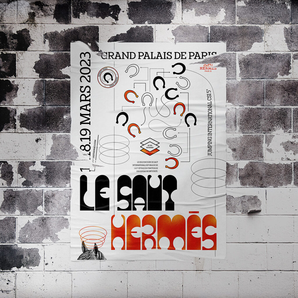 Projet saut hermès : affiche pour l'édition en cours du Saut Hermès, placardé sur un mur dans un style destroy