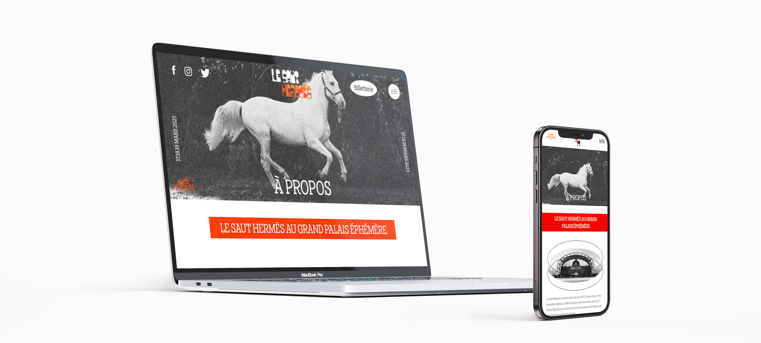 Projet saut hermès : page "à propos" du site web, en version ordinateur et mobile